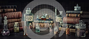 Glass bottles, old books on table of a scientist. Medicine, chemistry, pharmacy, apothecary, alchemy history background.