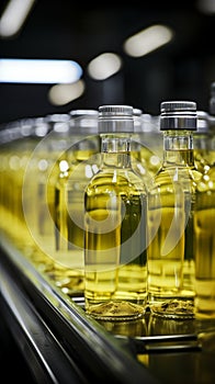 Glass bottles on a production line being filled with apple and pineapple juice