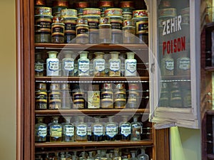 Glass bottles on shelf Vintage style Pharmacy medical container