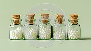 Glass bottles with white homeopathic pills on teal background. Homeopathy medicine. Concept of alternative medicine