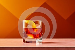 A glass of bourbon Negroni Sbagliato with a lemon wedge on a table photo