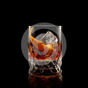 Glass with Bourbon with orange skin and ice cubes on black background. Generative A.I