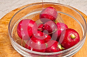 Glass bowel of local, raw, freshly picked radishes