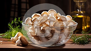 Glass bowl brimming with freshly harvested mushrooms