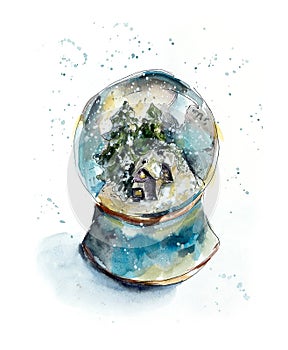 Glass bowl. Christmas decoration. Watercolor hand dawing illustration