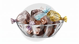 a glass bowl filled with assorted chocolates on top of a white tablecloth covered tablecloth with a gold foiled bag of chocolates