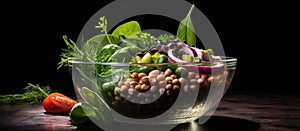 Glass bowl filled with natural foods and plants on a table