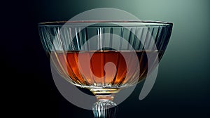 Cognac in a glass bowl on a dark background with reflection