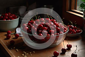 Glass bowl filled with ripe red cherries placed on a wooden table