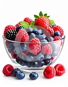 Glass Bowl of Fresh Mixed Berries on White Background