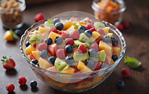Glass bowl of fruit salad on wooden table, natural foods