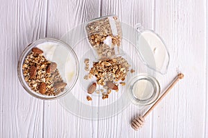 Glass bowl with Greek yogurt and mixed nuts. Healthy vegetarian protein rich diet, homemade granola breakfast with milk, almond, c