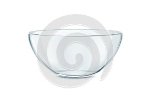 Glass bowl isolated on white background. Close up view of an empty transparent cup.