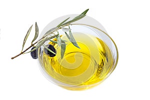 Glass bowl of organic olive oil and fres olive with leaves on white background