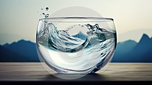 Glass bowl of pure water, mountains in the background. Water supply concept.