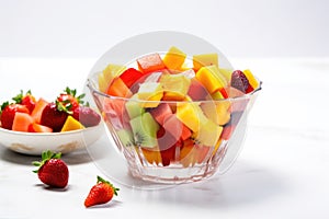 glass bowl with tropical fruit salad on a white surface