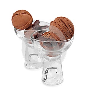 Glass bowls of tasty ice cream with chocolate curls isolated