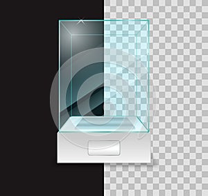 Realistic empty transparent glass box or empty glas cube box showcase or exhibit box transparent background isolated. eps vector.