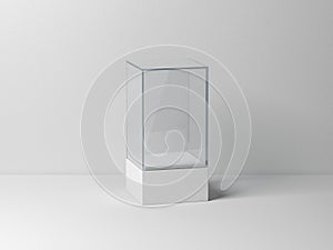 Glass box Mockup with white podium for product presentation