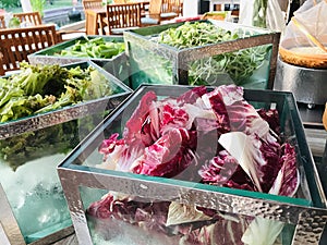 Glass boxes of variety salad vegetables.