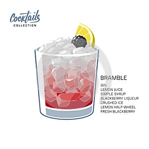 Glass Bramble cocktail ice lemon blackberry vector illustration photo
