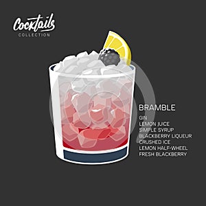 Glass Bramble cocktail ice lemon blackberry vector illustration photo