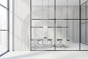 Glass bright office with white chairs and big conference table, meeting room