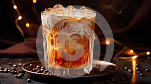 Refreshing Iced Coffee Poured in Glass with Milk and Ice Cubes on Wooden Table Summer Beverage, Cold Tasty Chocolate Cocoa Drink
