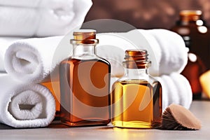 Glass brown bottles with aromatic herbal oils next to white rolled up towels. Spa body treatments, skin care, massage