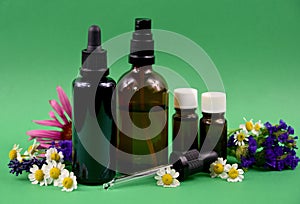 Glass brown cosmetic bottles with flowers and herbs stock images