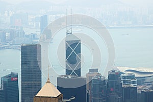 Glass building Hong Kong city aerial view from Victoria peak. Aerial view Skyscraper tower in business center Hong Kong