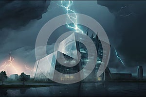 glass building in storm, with lightning and thunderstorms visible outside