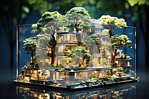Glass building with trees inside. Landscaping of the metropolis
