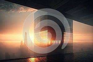 glass building, with view of the city skyline, and a misty sunrise in the background