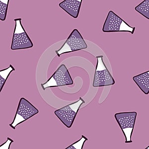 Glass bulb seamless random pattern in medicine style. Purple colored artwork with labaratory equipment.