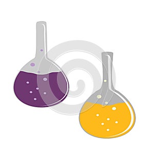 Glass bulb transparent with liquid. Chemical conical glass with bubbles. Flat illustration of glass bulb on a white background.