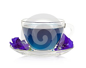 Glass of butterfly pea juice on white background, herb and medical concept