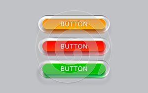 Glass button, frame label, event web bar, buttons with color. Vector illustration