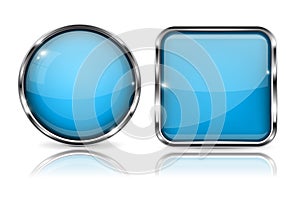 Glass buttons. Blue square and round 3d buttons with metal frame. With reflection on white background