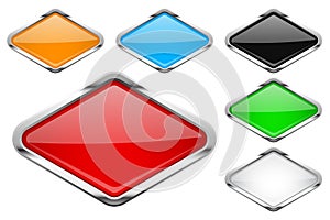 Glass buttons with chrome frame. Colored set of shiny rhombus shaped 3d web icons photo