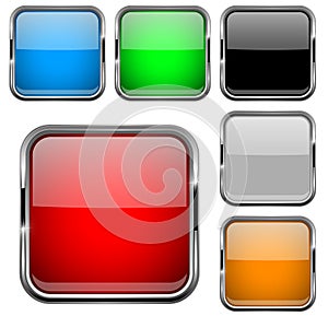 Glass buttons with chrome frame. Colored set of shiny square 3d web icons