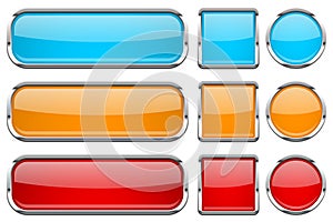 Glass buttons with chrome frame. Set of colored shiny 3d web icons. Red, orange and blue