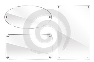 Glass buttons. Plexiglass circle and rectangles on a white background. Glossy shapes. Vector illustration