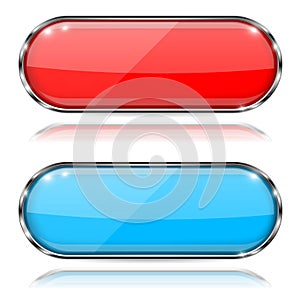 Glass buttons. Red and blue oval 3d buttons with metal frame. With reflection on white background