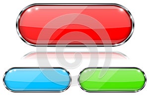 Glass buttons. Red, green and blue oval 3d buttons with metal frame. With reflection on white background
