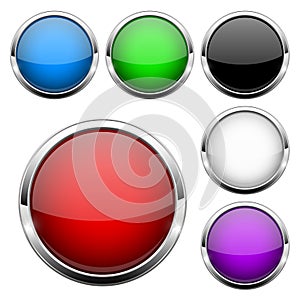 Glass buttons set. Shiny round colored 3d web icons