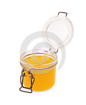 Glass can with honey. Clipping paths photo