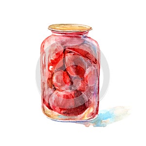 Glass of a canned tomato.Cooking ingredients. Watercolor