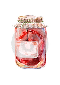 Glass of a canned tomato.Cooking ingredients. Watercolor