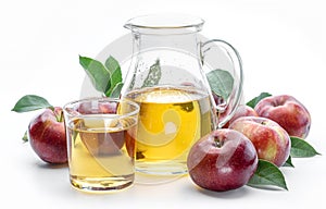 Glass and carafe of fresh apple juice and organic apples isolated on white background